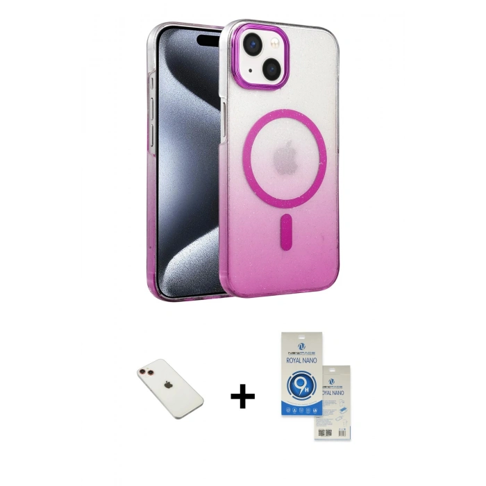MARSİLYAN™- iPhone 14 Kılıf Ahenk Doku Özel Seri - Şeffaf Royal Nano Ekran Koruyucu + Diamond Kamera Lens - KI