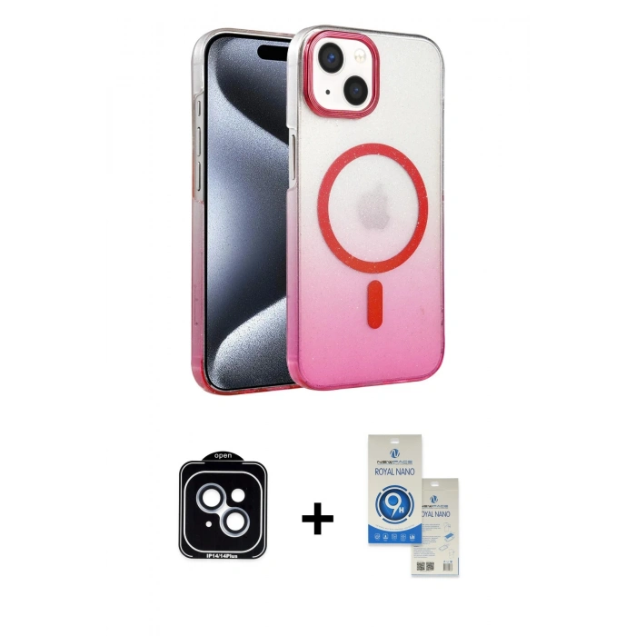MARSİLYAN™- iPhone 14 Kılıf Ahenk Doku Özel Seri - Şeffaf Royal Nano Ekran Koruyucu + PVD Metal Kamera Lens - MI
