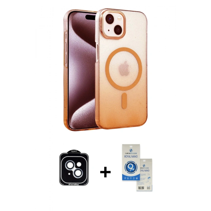 MARSİLYAN™- iPhone 14 Kılıf Ahenk Doku Özel Seri - Şeffaf Royal Nano Ekran Koruyucu + PVD Metal Kamera Lens - MI