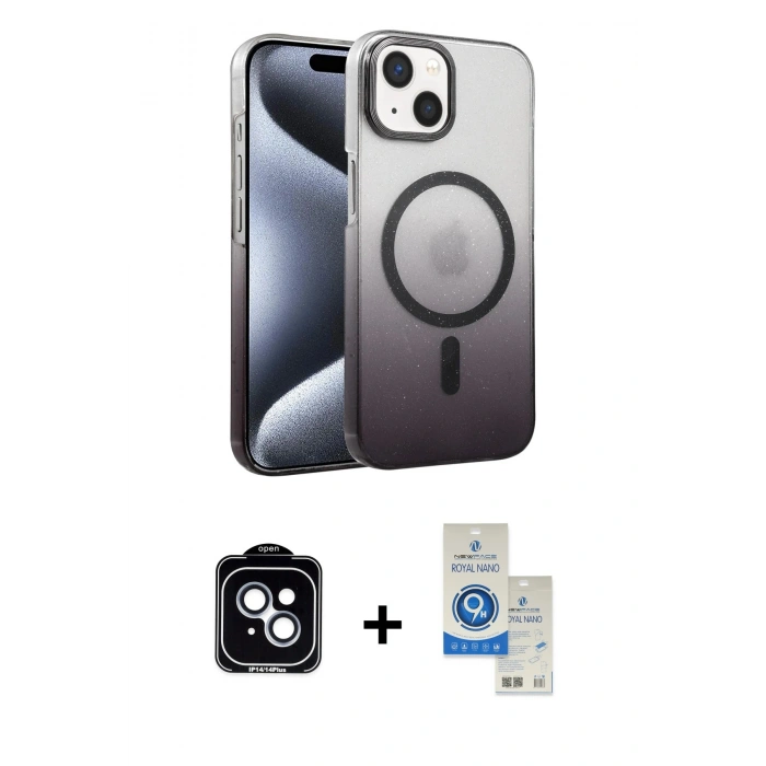 MARSİLYAN™- iPhone 14 Kılıf Ahenk Doku Özel Seri - Şeffaf Royal Nano Ekran Koruyucu + PVD Metal Kamera Lens - MI