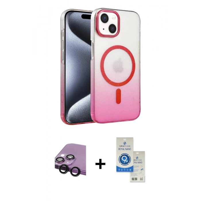 MARSİLYAN™- iPhone 14 Kılıf Ahenk Doku Özel Seri - Şeffaf Royal Nano Ekran Koruyucu + Raze Metal Kamera Lens - SH