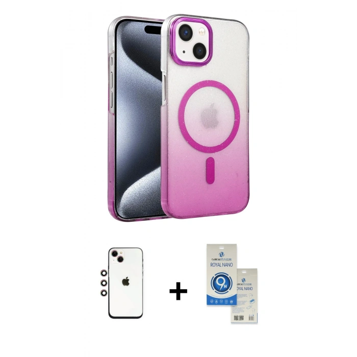 MARSİLYAN™- iPhone 14 Kılıf Ahenk Doku Özel Seri - Şeffaf Royal Nano Ekran Koruyucu + Shine Kamera Lens - GI