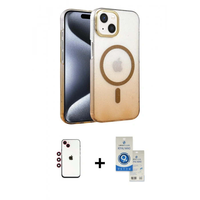 MARSİLYAN™- iPhone 14 Kılıf Ahenk Doku Özel Seri - Şeffaf Royal Nano Ekran Koruyucu + Shine Kamera Lens - KI