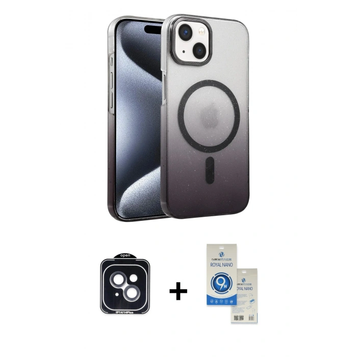 MARSİLYAN™- iPhone 14 Kılıf Ahenk Doku Özel Seri - Şeffaf Royal Nano Ekran Koruyucu + PVD Metal Kamera Lens - SH
