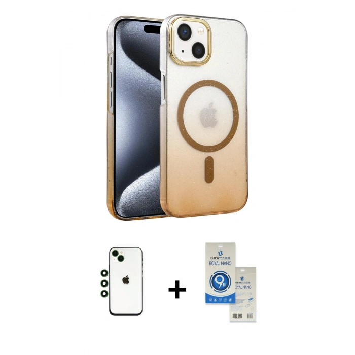 MARSİLYAN™- iPhone 14 Kılıf Ahenk Doku Özel Seri - Şeffaf Royal Nano Ekran Koruyucu + Shine Kamera Lens - YL