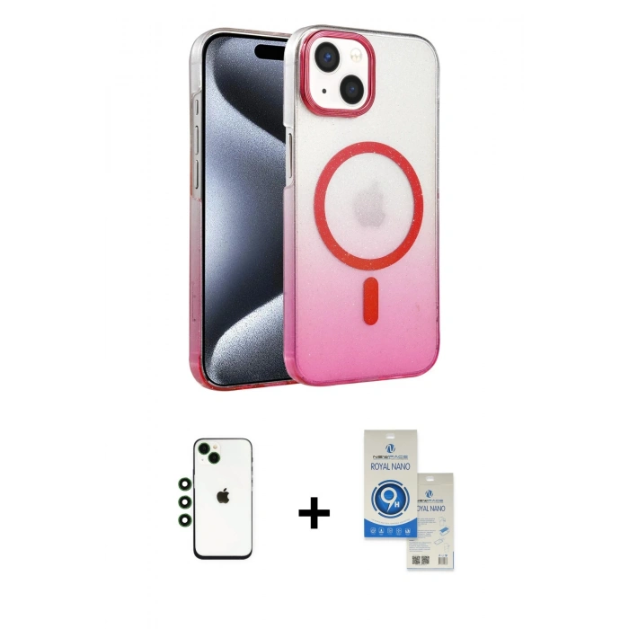 MARSİLYAN™- iPhone 14 Kılıf Ahenk Doku Özel Seri - Şeffaf Royal Nano Ekran Koruyucu + Shine Kamera Lens - YL