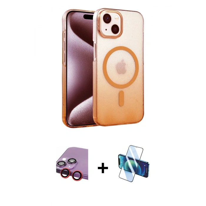 MARSİLYAN™- iPhone 14 Kılıf Ahenk Doku Özel Seri - Siyah 3D Antistatik Cam Ekran Koruyucu + Raze Metal Kamera Lens - KI