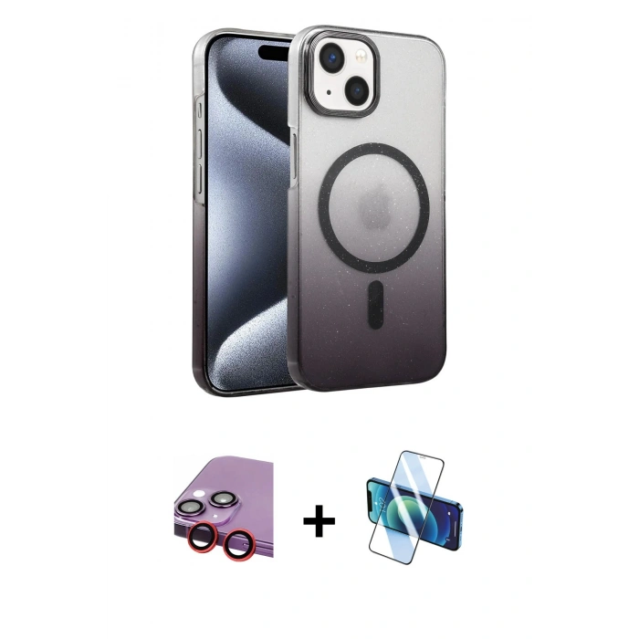 MARSİLYAN™- iPhone 14 Kılıf Ahenk Doku Özel Seri - Siyah 3D Antistatik Cam Ekran Koruyucu + Raze Metal Kamera Lens - KI