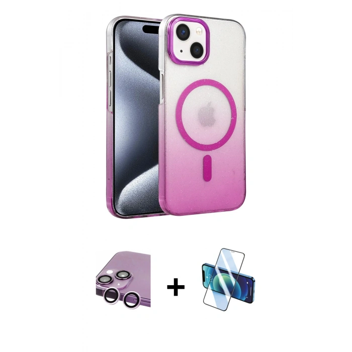 MARSİLYAN™- iPhone 14 Kılıf Ahenk Doku Özel Seri - Siyah 3D Antistatik Cam Ekran Koruyucu + Raze Metal Kamera Lens - MR
