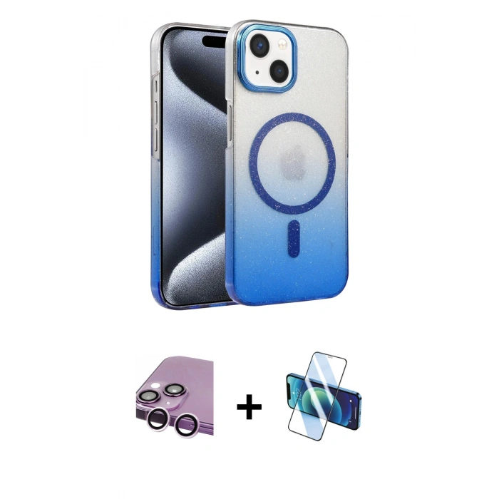 MARSİLYAN™- iPhone 14 Kılıf Ahenk Doku Özel Seri - Siyah 3D Antistatik Cam Ekran Koruyucu + Raze Metal Kamera Lens - MR
