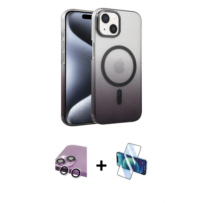 MARSİLYAN™- iPhone 14 Kılıf Ahenk Doku Özel Seri - Siyah 3D Antistatik Cam Ekran Koruyucu + Raze Metal Kamera Lens - MR