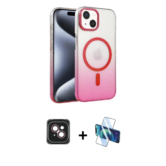 MARSİLYAN™- iPhone 14 Kılıf Ahenk Doku Özel Seri - Siyah 3D Antistatik Cam Ekran Koruyucu + PVD Metal Kamera Lens - PE