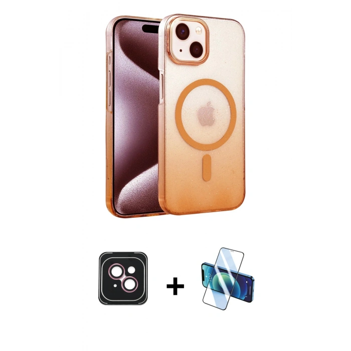 MARSİLYAN™- iPhone 14 Kılıf Ahenk Doku Özel Seri - Siyah 3D Antistatik Cam Ekran Koruyucu + PVD Metal Kamera Lens - PE