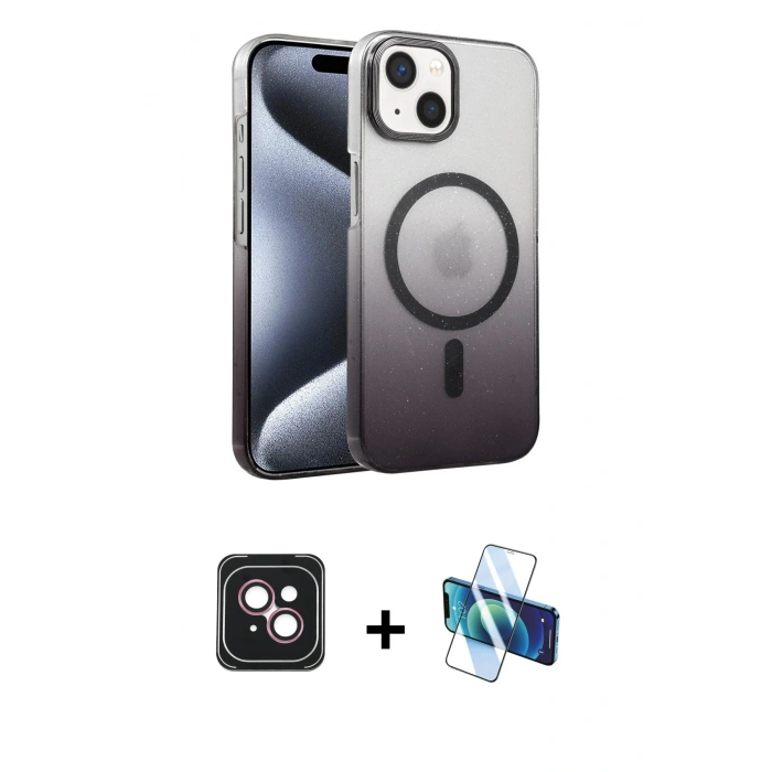 MARSİLYAN™- iPhone 14 Kılıf Ahenk Doku Özel Seri - Siyah 3D Antistatik Cam Ekran Koruyucu + PVD Metal Kamera Lens - PE