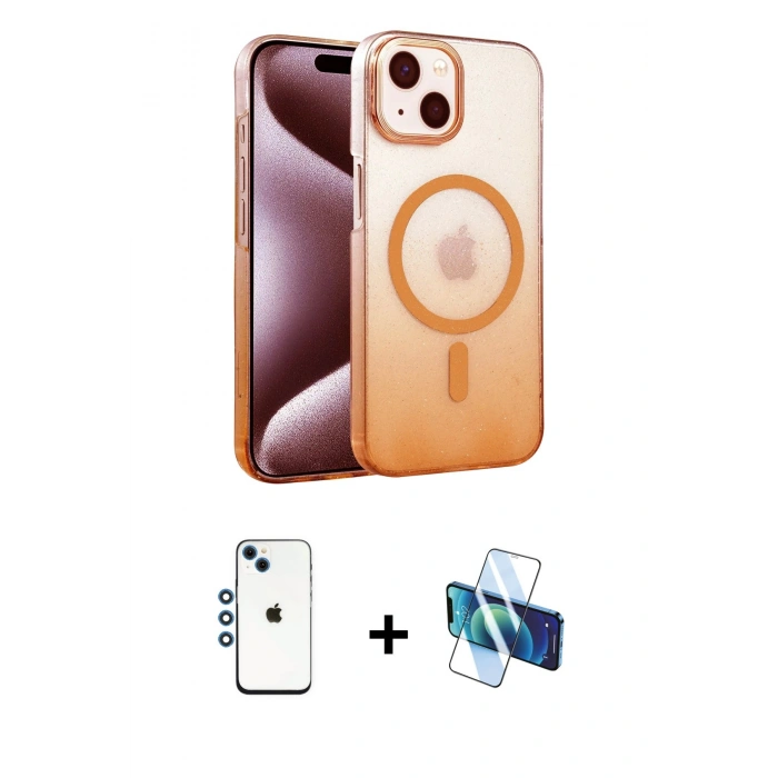 MARSİLYAN™- iPhone 14 Kılıf Ahenk Doku Özel Seri - Siyah 3D Antistatik Cam Ekran Koruyucu + Shine Kamera Lens - MI