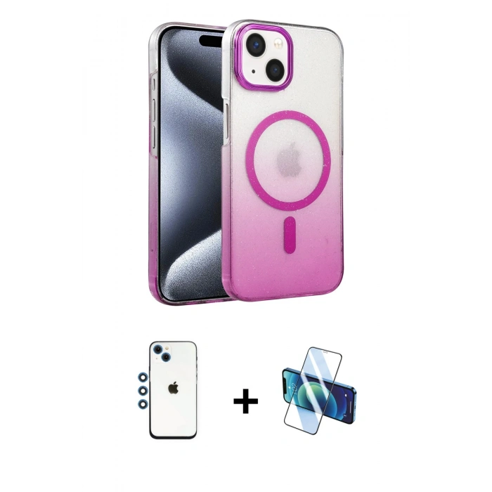 MARSİLYAN™- iPhone 14 Kılıf Ahenk Doku Özel Seri - Siyah 3D Antistatik Cam Ekran Koruyucu + Shine Kamera Lens - MI
