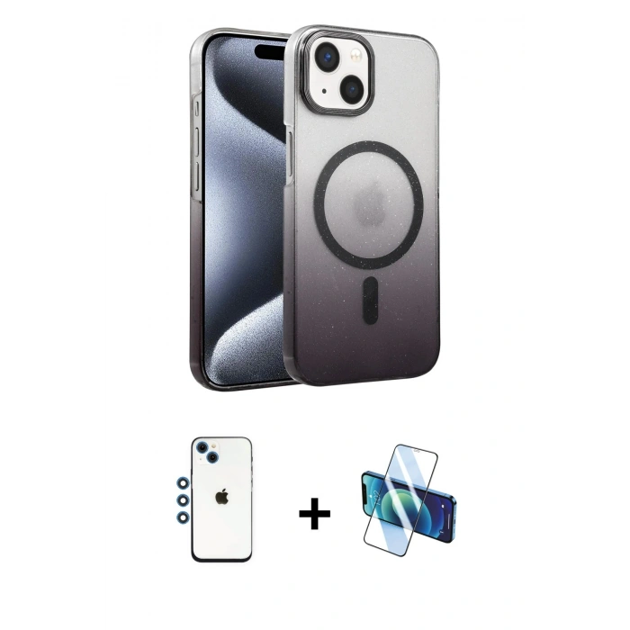 MARSİLYAN™- iPhone 14 Kılıf Ahenk Doku Özel Seri - Siyah 3D Antistatik Cam Ekran Koruyucu + Shine Kamera Lens - MI