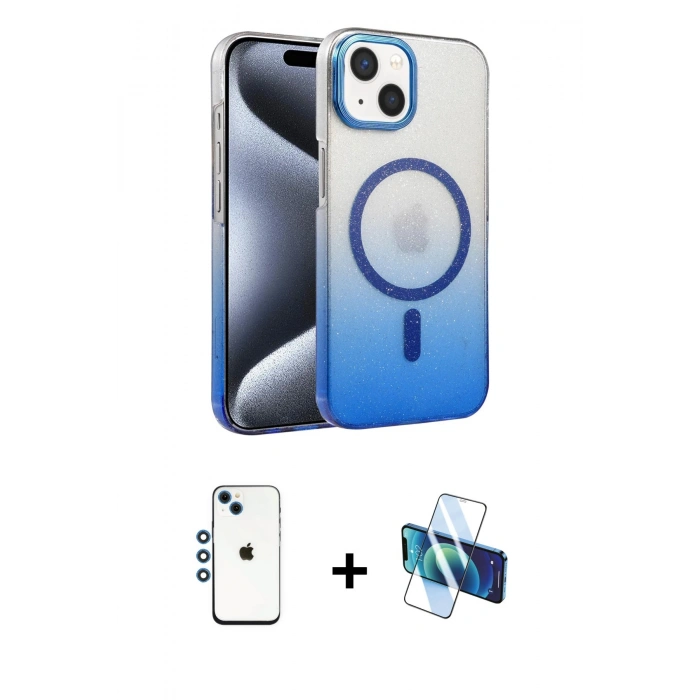 MARSİLYAN™- iPhone 14 Kılıf Ahenk Doku Özel Seri - Siyah 3D Antistatik Cam Ekran Koruyucu + Shine Kamera Lens - MI
