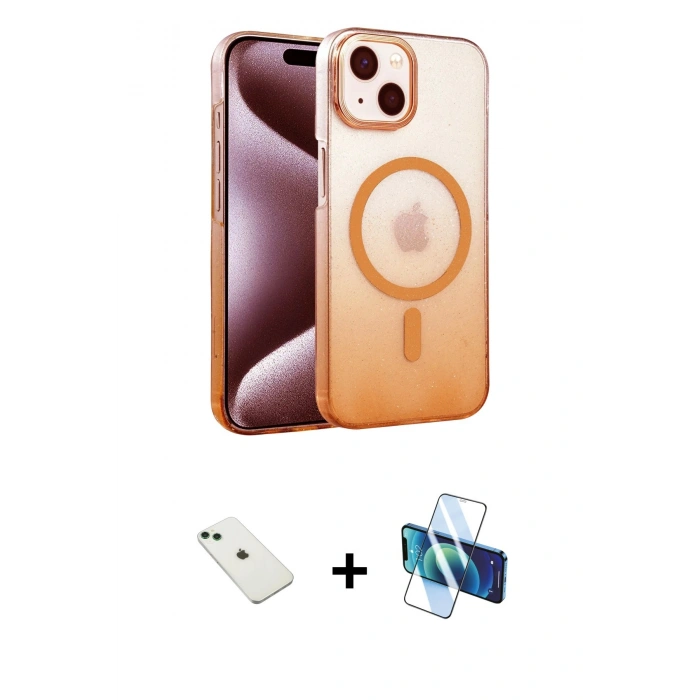 MARSİLYAN™- iPhone 14 Kılıf Ahenk Doku Özel Seri - Siyah 3D Antistatik Cam Ekran Koruyucu + Diamond Kamera Lens - YL