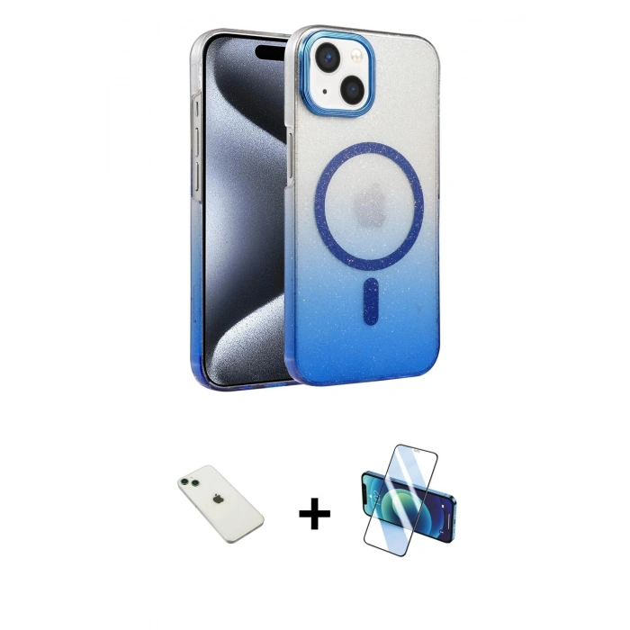 MARSİLYAN™- iPhone 14 Kılıf Ahenk Doku Özel Seri - Siyah 3D Antistatik Cam Ekran Koruyucu + Diamond Kamera Lens - YL