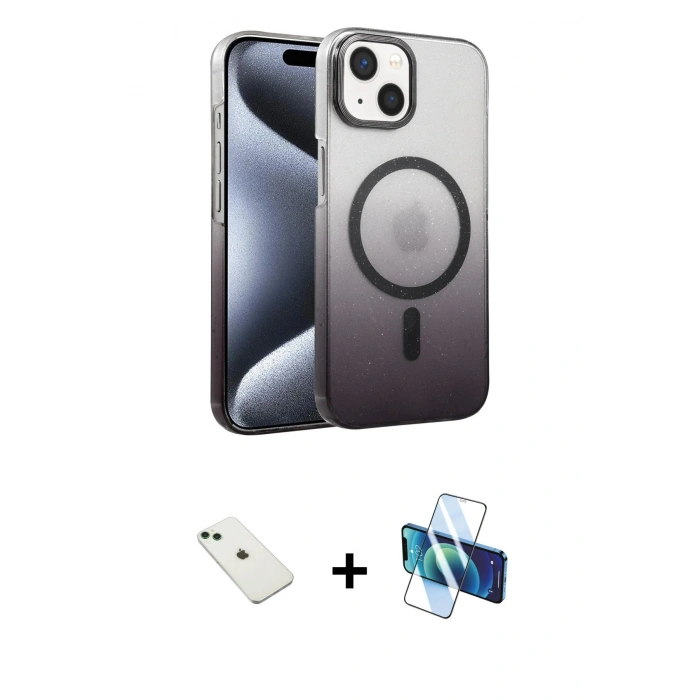 MARSİLYAN™- iPhone 14 Kılıf Ahenk Doku Özel Seri - Siyah 3D Antistatik Cam Ekran Koruyucu + Diamond Kamera Lens - YL