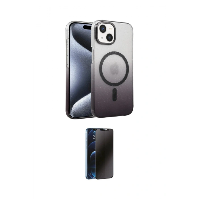 MARSİLYAN™- iPhone 14 Kılıf Ahenk Doku Özel Seri - Siyah 3D Antistatik Hayalet Cam Ekran Koruyucu