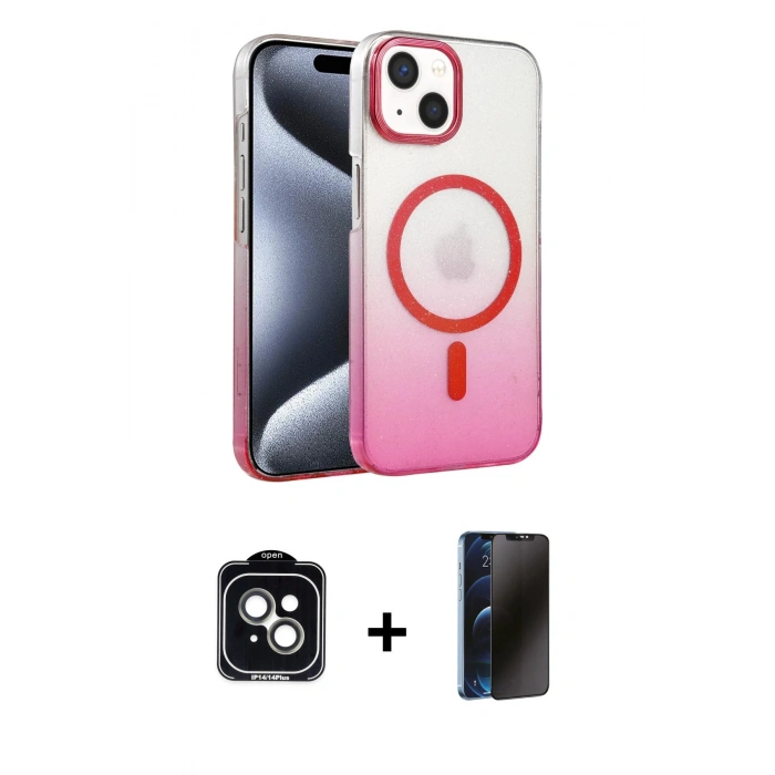 MARSİLYAN™- iPhone 14 Kılıf Ahenk Doku Özel Seri - Siyah 3D Antistatik Hayalet Cam Ekran Koruyucu + PVD Metal Kamera Lens - YL