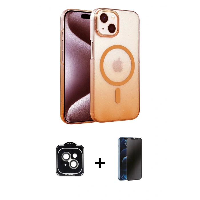 MARSİLYAN™- iPhone 14 Kılıf Ahenk Doku Özel Seri - Siyah 3D Antistatik Hayalet Cam Ekran Koruyucu + PVD Metal Kamera Lens - YL