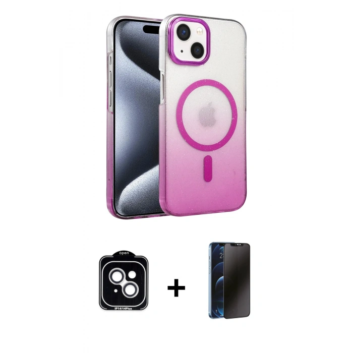 MARSİLYAN™- iPhone 14 Kılıf Ahenk Doku Özel Seri - Siyah 3D Antistatik Hayalet Cam Ekran Koruyucu + PVD Metal Kamera Lens - GS