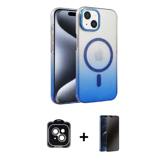 MARSİLYAN™- iPhone 14 Kılıf Ahenk Doku Özel Seri - Siyah 3D Antistatik Hayalet Cam Ekran Koruyucu + PVD Metal Kamera Lens - YL