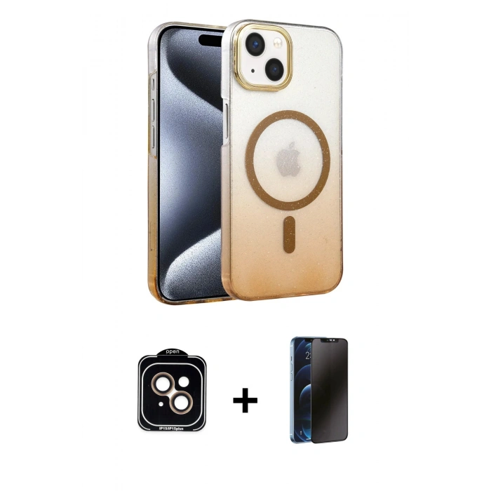 MARSİLYAN™- iPhone 14 Kılıf Ahenk Doku Özel Seri - Siyah 3D Antistatik Hayalet Cam Ekran Koruyucu + PVD Metal Kamera Lens - TU