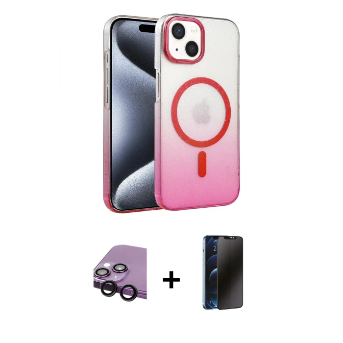 MARSİLYAN™- iPhone 14 Kılıf Ahenk Doku Özel Seri - Siyah 3D Antistatik Hayalet Cam Ekran Koruyucu + Raze Metal Kamera Lens - SH