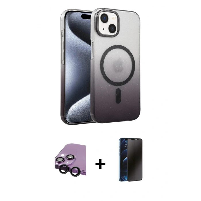 MARSİLYAN™- iPhone 14 Kılıf Ahenk Doku Özel Seri - Siyah 3D Antistatik Hayalet Cam Ekran Koruyucu + Raze Metal Kamera Lens - SH