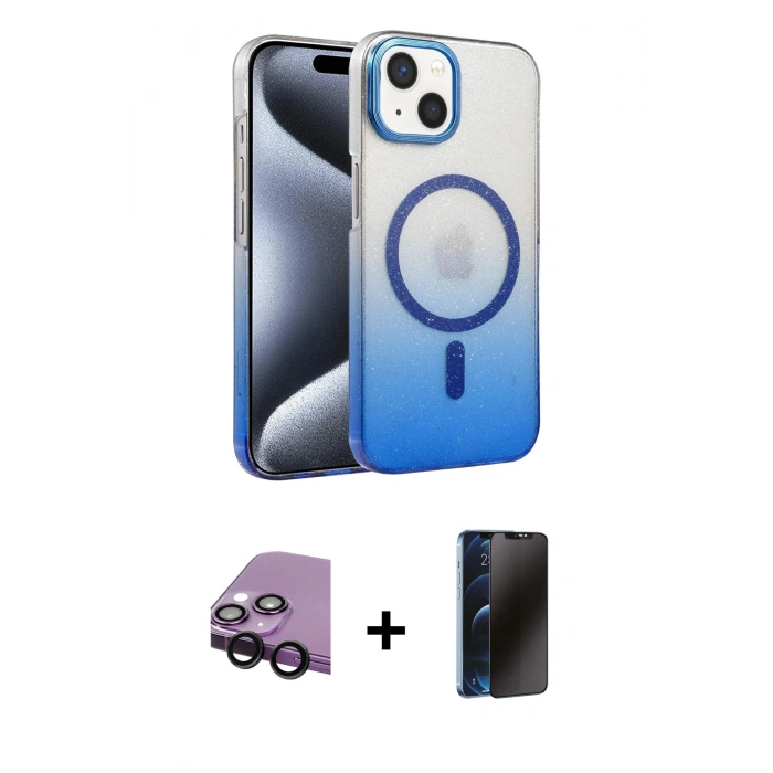 MARSİLYAN™- iPhone 14 Kılıf Ahenk Doku Özel Seri - Siyah 3D Antistatik Hayalet Cam Ekran Koruyucu + Raze Metal Kamera Lens - SH