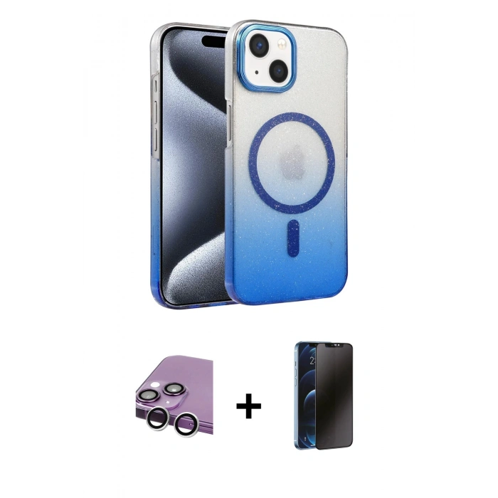 MARSİLYAN™- iPhone 14 Kılıf Ahenk Doku Özel Seri - Siyah 3D Antistatik Hayalet Cam Ekran Koruyucu + Raze Metal Kamera Lens - GS
