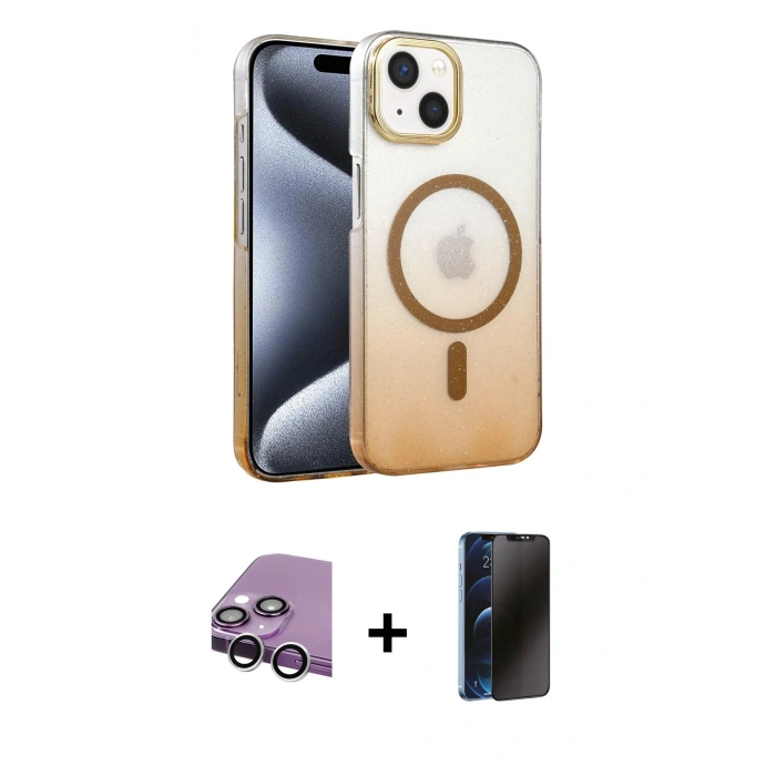 MARSİLYAN™- iPhone 14 Kılıf Ahenk Doku Özel Seri - Siyah 3D Antistatik Hayalet Cam Ekran Koruyucu + Raze Metal Kamera Lens - GS
