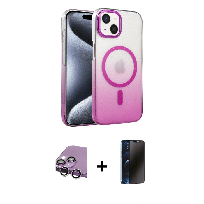 MARSİLYAN™- iPhone 14 Kılıf Ahenk Doku Özel Seri - Siyah 3D Antistatik Hayalet Cam Ekran Koruyucu + Raze Metal Kamera Lens - GS