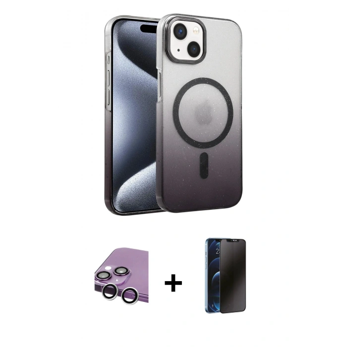 MARSİLYAN™- iPhone 14 Kılıf Ahenk Doku Özel Seri - Siyah 3D Antistatik Hayalet Cam Ekran Koruyucu + Raze Metal Kamera Lens - GS