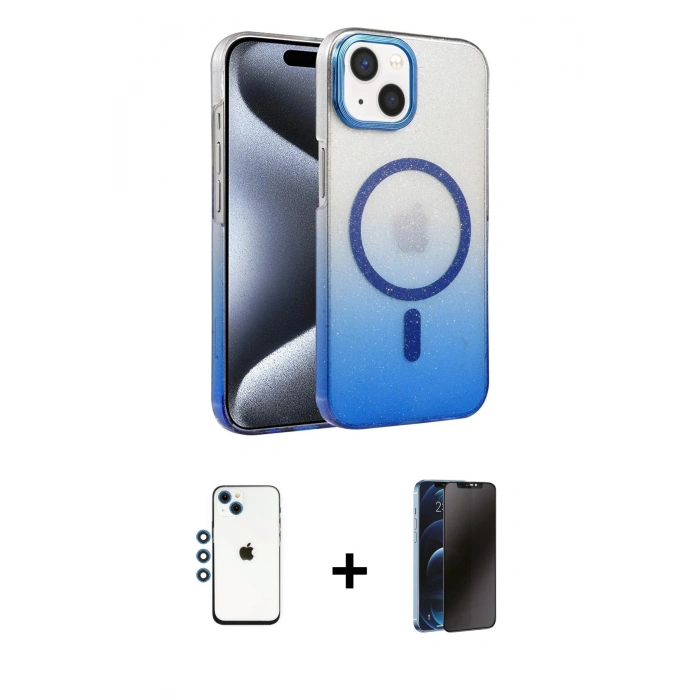 MARSİLYAN™- iPhone 14 Kılıf Ahenk Doku Özel Seri - Siyah 3D Antistatik Hayalet Cam Ekran Koruyucu + Shine Kamera Lens - MI