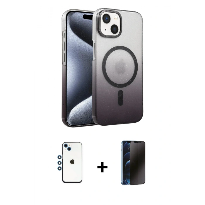 MARSİLYAN™- iPhone 14 Kılıf Ahenk Doku Özel Seri - Siyah 3D Antistatik Hayalet Cam Ekran Koruyucu + Shine Kamera Lens - MI