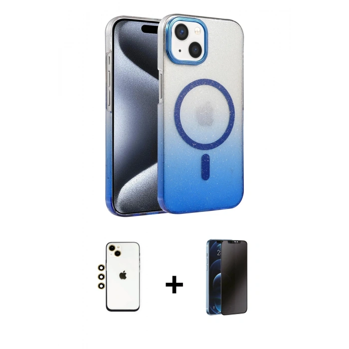 MARSİLYAN™- iPhone 14 Kılıf Ahenk Doku Özel Seri - Siyah 3D Antistatik Hayalet Cam Ekran Koruyucu + Shine Kamera Lens - GD