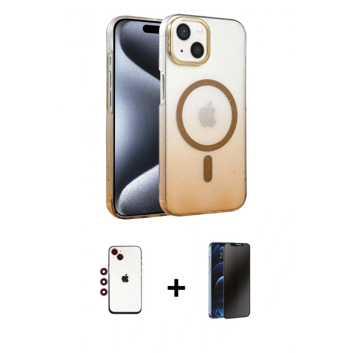 MARSİLYAN™- iPhone 14 Kılıf Ahenk Doku Özel Seri - Siyah 3D Antistatik Hayalet Cam Ekran Koruyucu + Shine Kamera Lens - KI