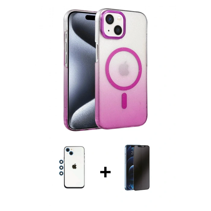 MARSİLYAN™- iPhone 14 Kılıf Ahenk Doku Özel Seri - Siyah 3D Antistatik Hayalet Cam Ekran Koruyucu + Shine Kamera Lens - MI