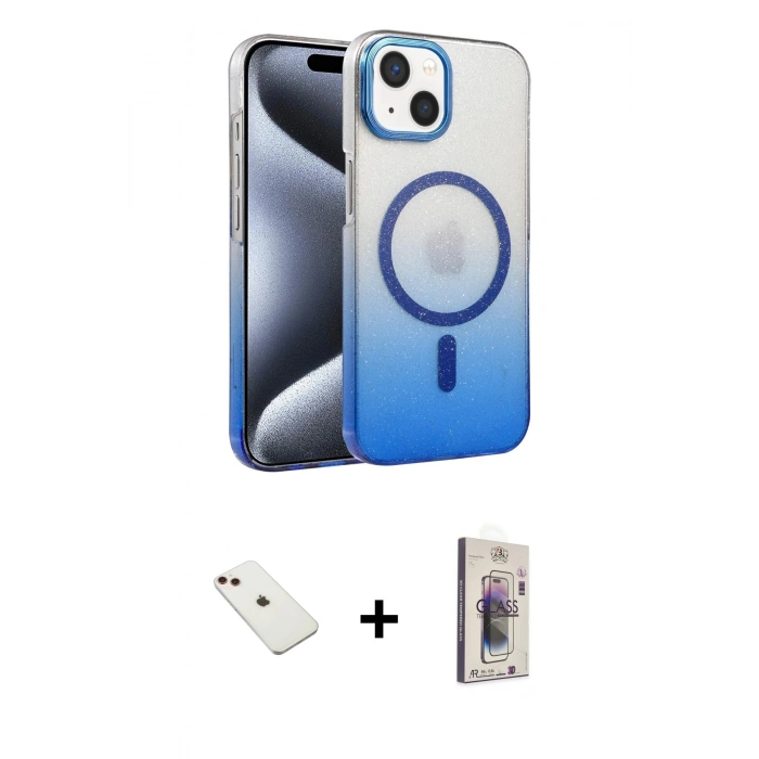 MARSİLYAN™- iPhone 14 Kılıf Ahenk Doku Özel Seri - Siyah Bilvis 3D Cam Ekran Koruyucu + Diamond Kamera Lens - KI