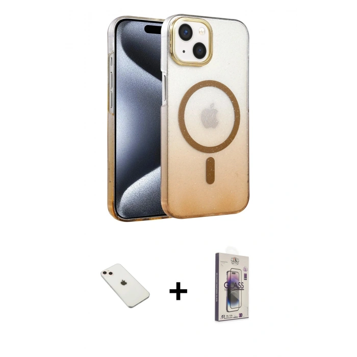 MARSİLYAN™- iPhone 14 Kılıf Ahenk Doku Özel Seri - Siyah Bilvis 3D Cam Ekran Koruyucu + Diamond Kamera Lens - PE