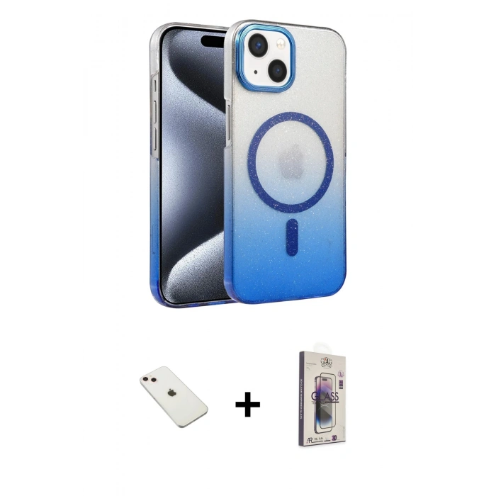 MARSİLYAN™- iPhone 14 Kılıf Ahenk Doku Özel Seri - Siyah Bilvis 3D Cam Ekran Koruyucu + Diamond Kamera Lens - PE