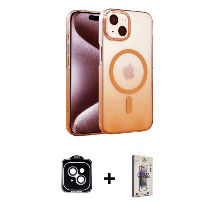 MARSİLYAN™- iPhone 14 Kılıf Ahenk Doku Özel Seri - Siyah Bilvis 3D Cam Ekran Koruyucu + PVD Metal Kamera Lens - MI