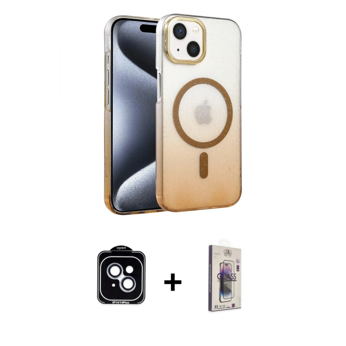 MARSİLYAN™- iPhone 14 Kılıf Ahenk Doku Özel Seri - Siyah Bilvis 3D Cam Ekran Koruyucu + PVD Metal Kamera Lens - MI