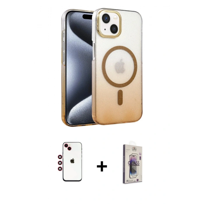 MARSİLYAN™- iPhone 14 Kılıf Ahenk Doku Özel Seri - Siyah Bilvis 3D Cam Ekran Koruyucu + Shine Kamera Lens - KI