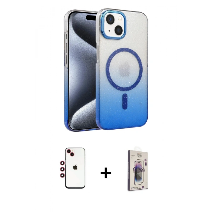 MARSİLYAN™- iPhone 14 Kılıf Ahenk Doku Özel Seri - Siyah Bilvis 3D Cam Ekran Koruyucu + Shine Kamera Lens - KI